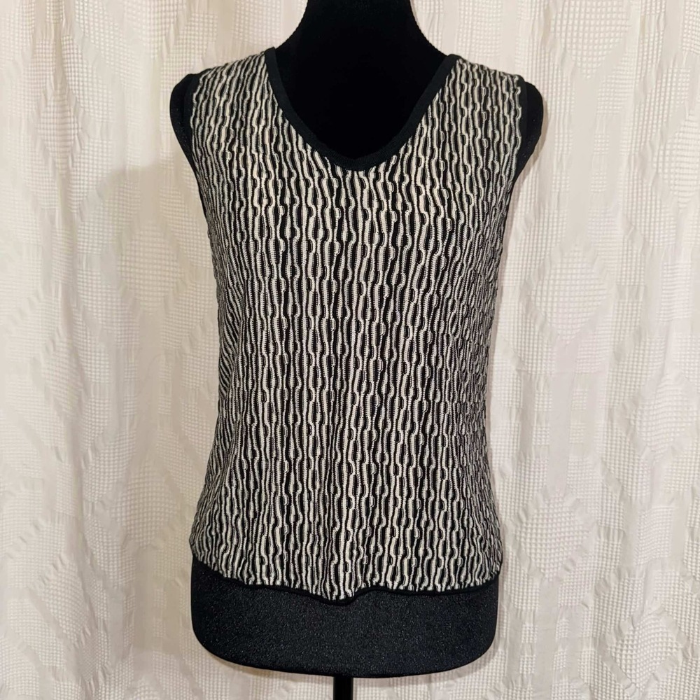 Sigrid Olsen Silk Blend Knit Tank Top Black Cream Geometric Sleeveless Medium